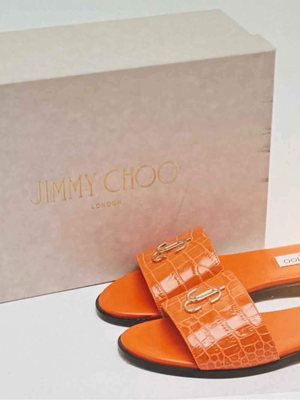 Jimmy Choo Orange Croc-Embossed Logo block heel Sandal, Brand NEW. Sz 39 or 8.5